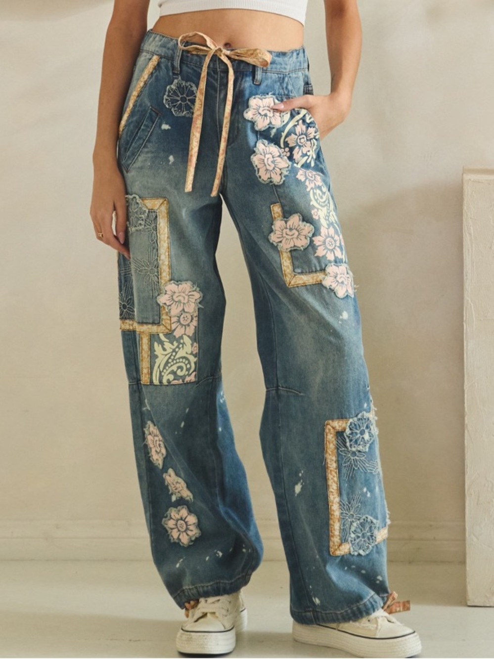Oli & Hali Blue Patchwork Embroidered Wide-Leg Jeans